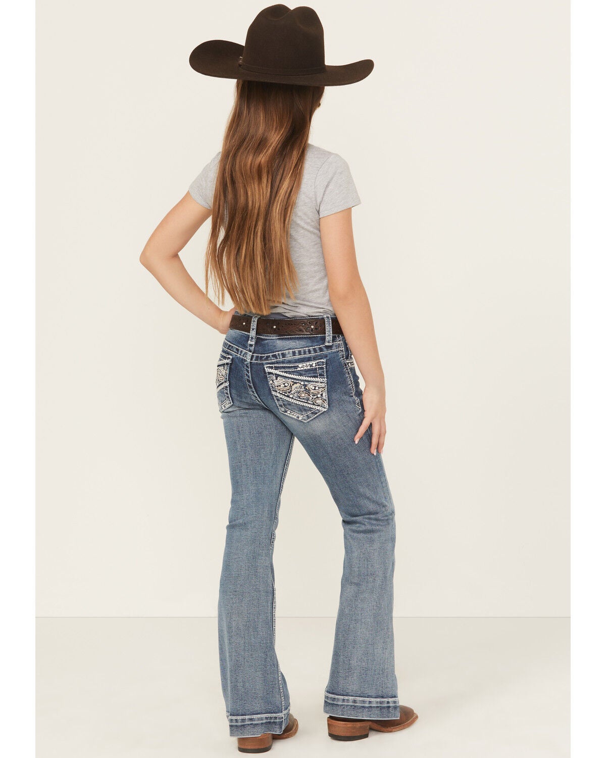 Grace in LA Girls' Medium Wash Paisley Pocket Bootcut Stretch Denim Jeans, Medium Wash, hi-res