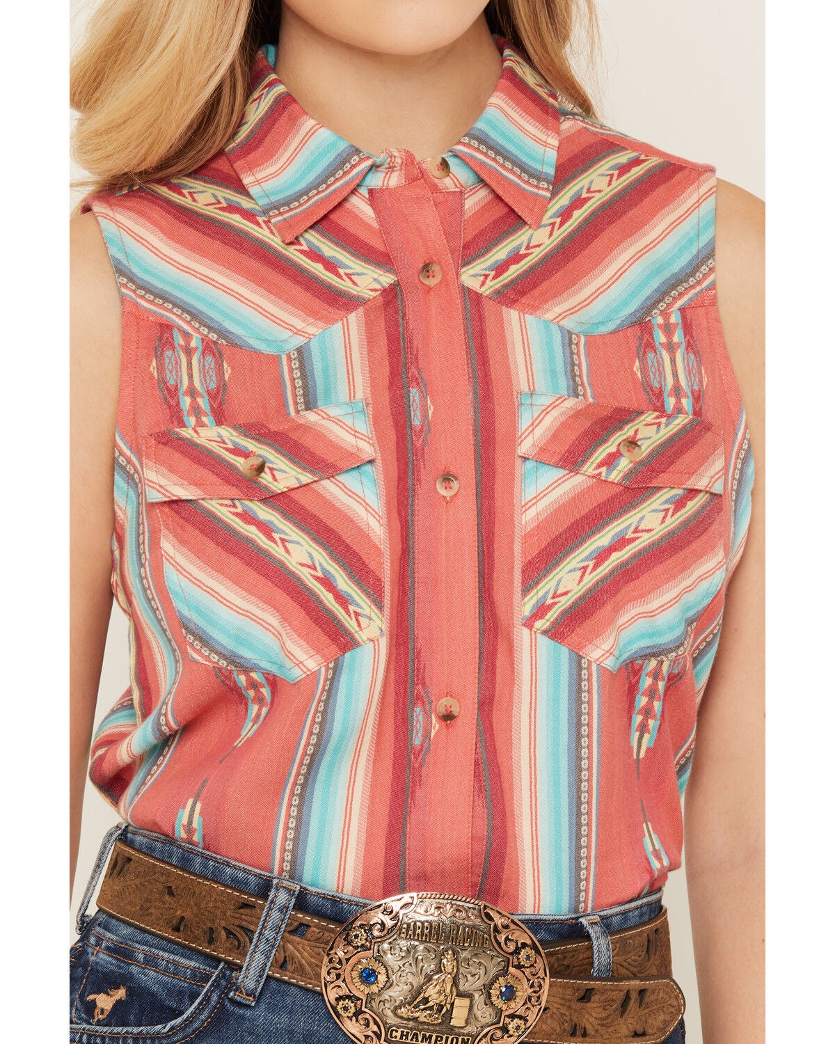 Image #3 - Shyanne Women's Southwestern Stripe Print Sleeveless Button-Down Western Shirt, Red, hi-res