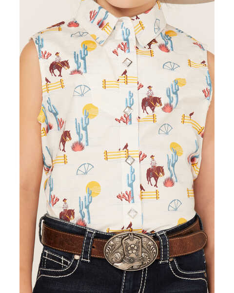 Image #3 - Rock & Roll Denim Girls' Cowboy Horse Print Sleeveless Western Snap Shirt, Turquoise, hi-res