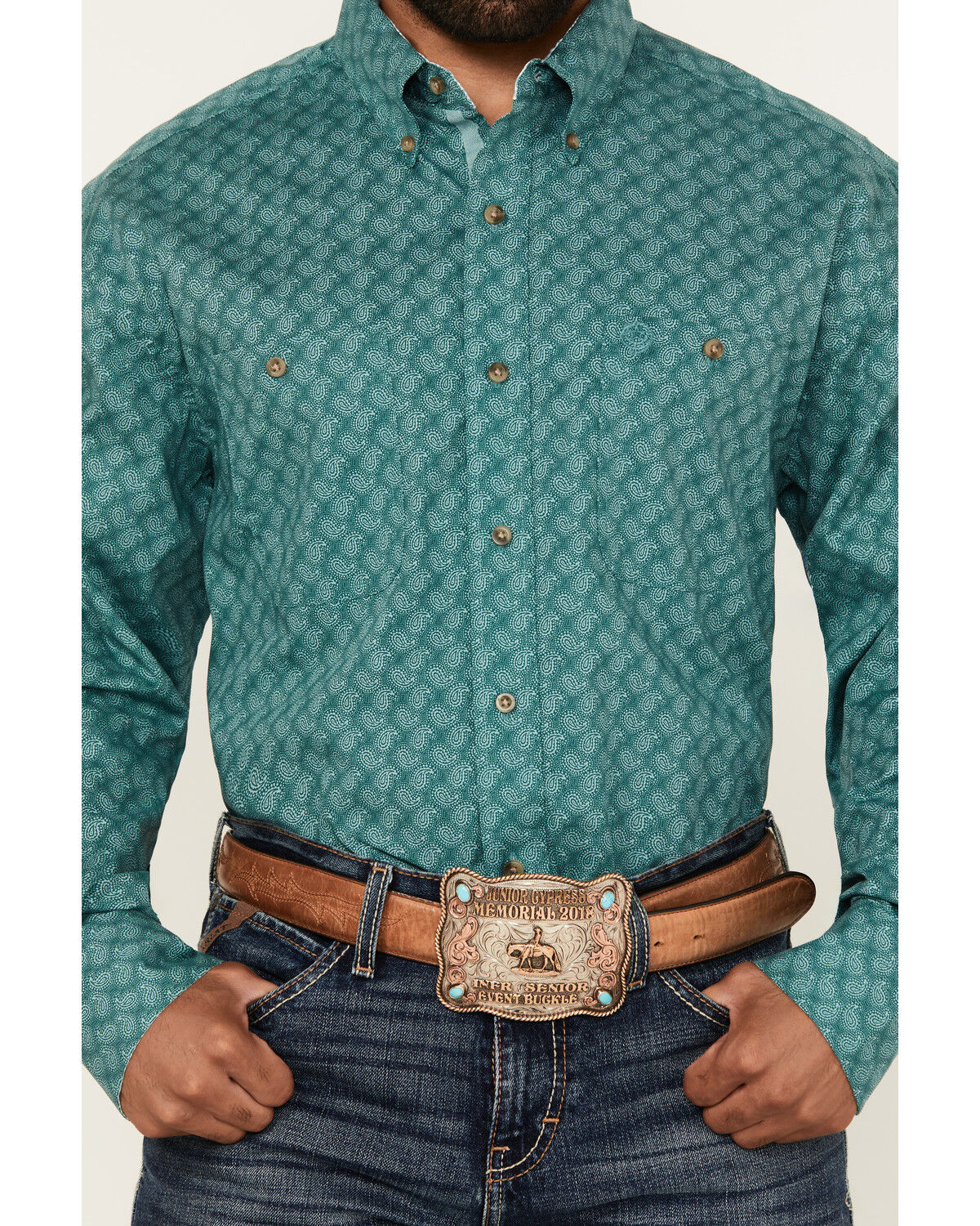 Image #3 - George Strait by Wrangler Men's Paisley Print Long Sleeve Button-Down Stretch Western Shirt - Big, Turquoise, hi-res