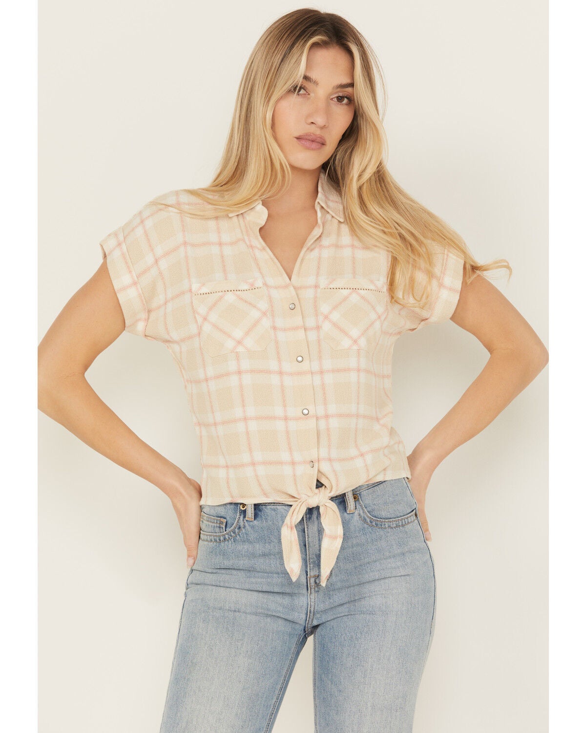 Shyanne Women's Plaid Print Tie-Front Camp Shirt, Sand, hi-res