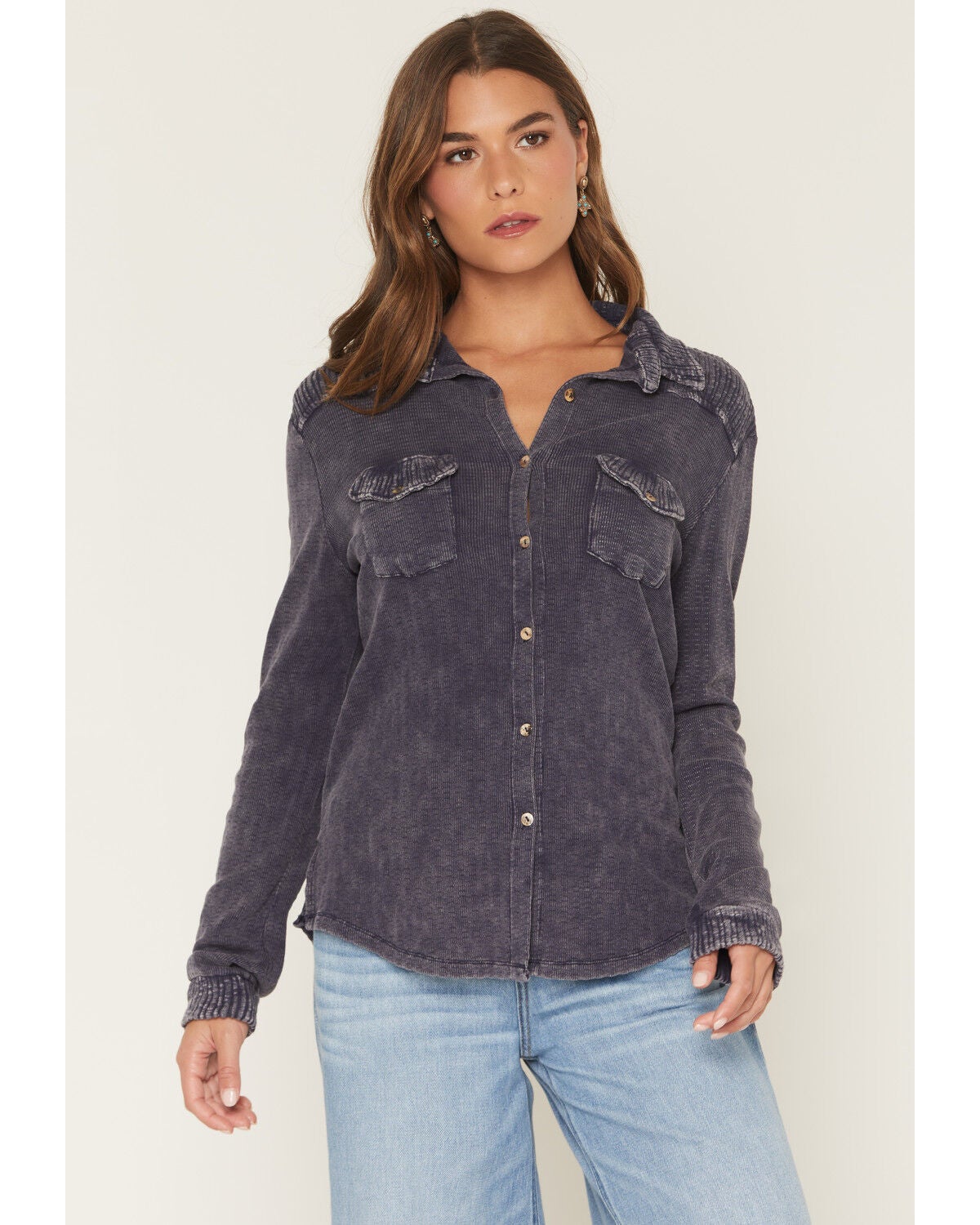 Image #1 - Wild Moss Women's Washed Lightweight Long Sleeve Button-Down Shirt, Navy, hi-res