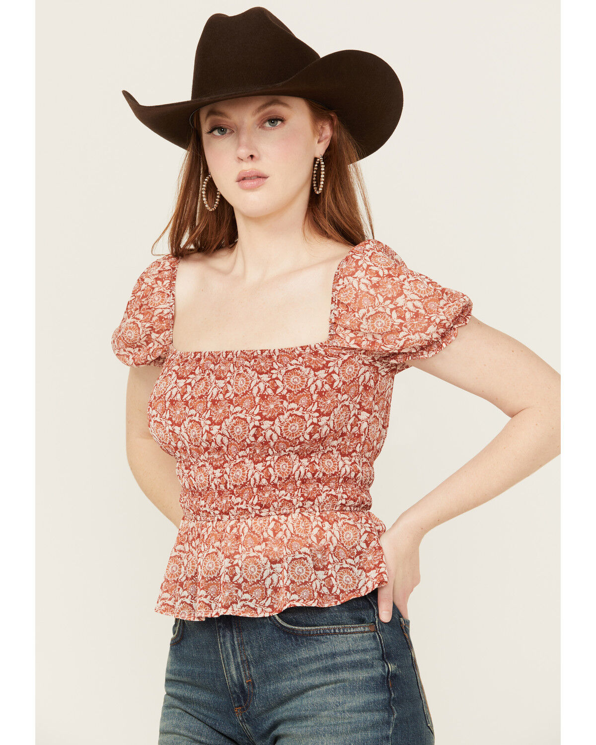Image #1 - Ash & Violet Women's Floral Peasant Top, Rust Copper, hi-res