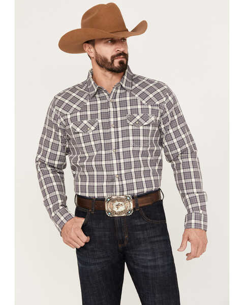 Blue Ranchwear Men's Plaid Print Long Sleeve Western Pearl Snap Shirt, Grape, hi-res