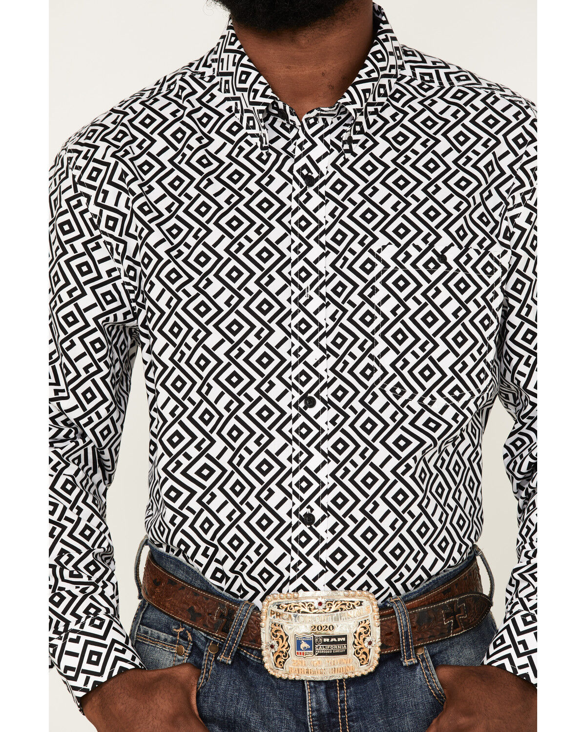 Image #3 - RANK 45® Men's Dillinger Geo Print Long Sleeve Button-Down Stretch Western Shirt, White, hi-res