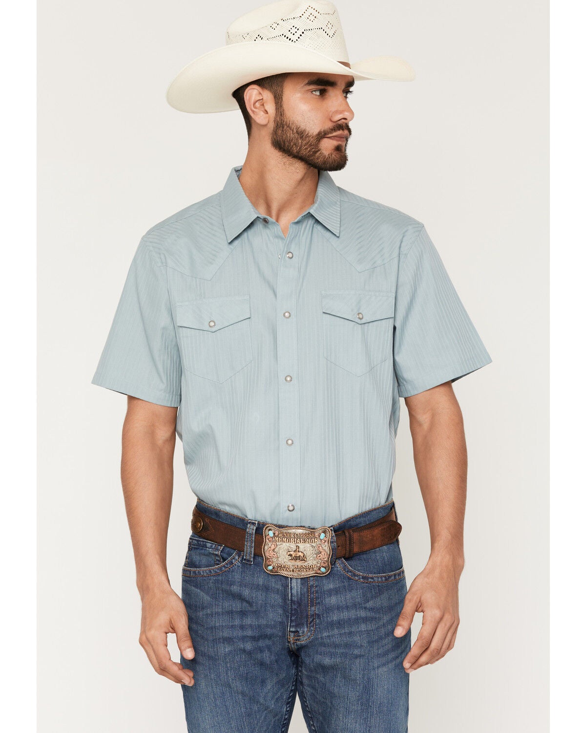 Image #1 - Gibson Trading Co Men's Basic Satin Striped Short Sleeve Snap Western Shirt, Light Blue, hi-res