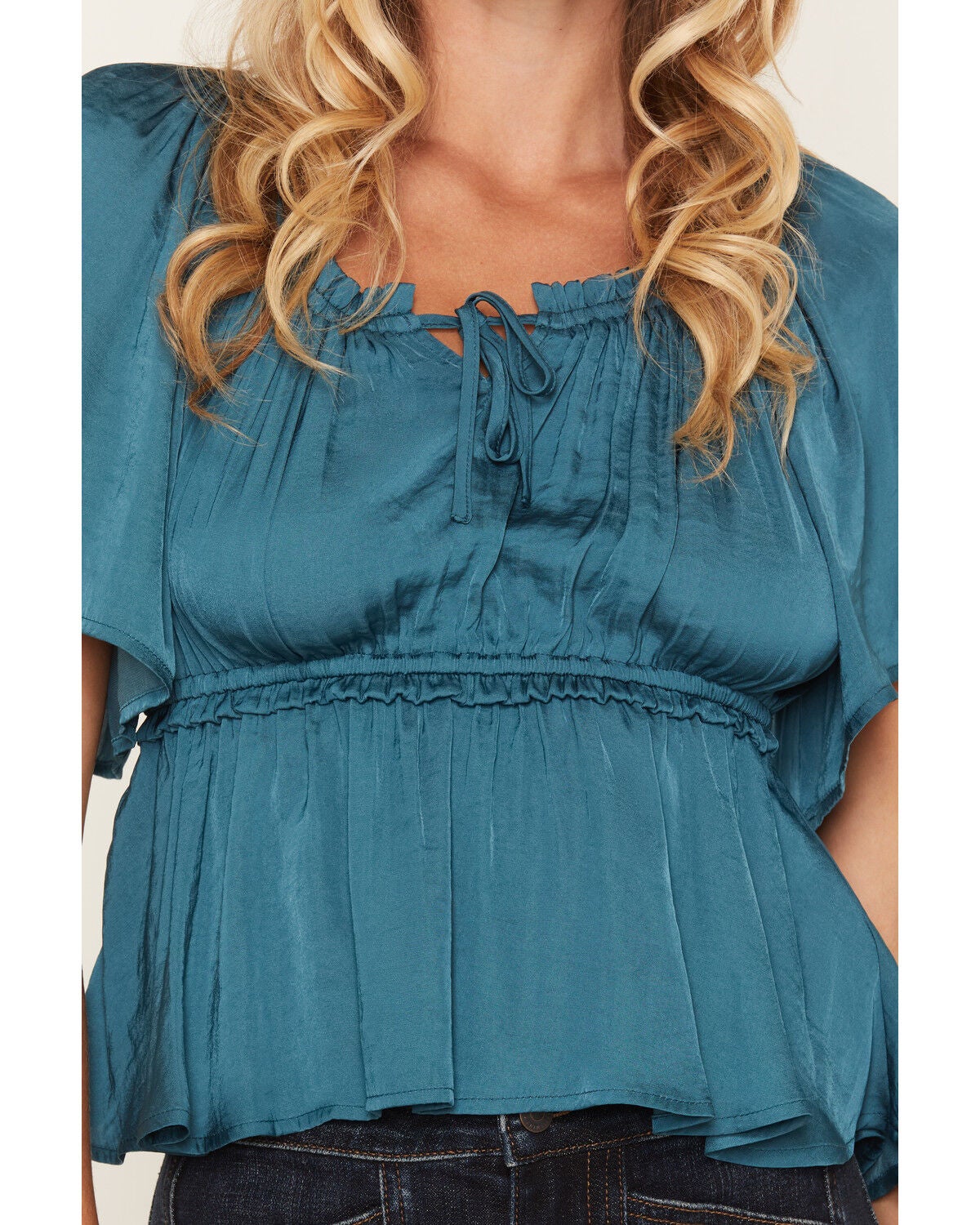 Image #3 - Shyanne Women's Hailey Satin Flounce Short Sleeve Peasant Blouse, Teal, hi-res