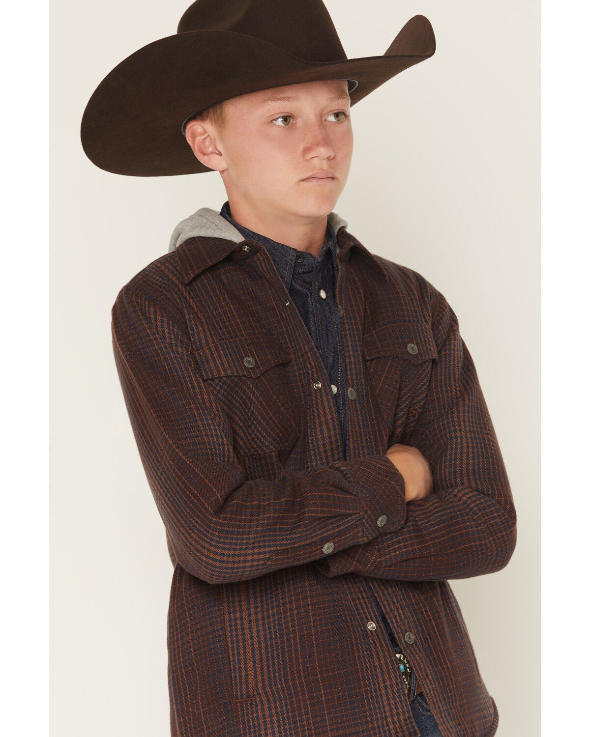 Image #2 - Ariat Boys' Retro Plaid Print Snap Shirt Jacket with Hood, Brown, hi-res