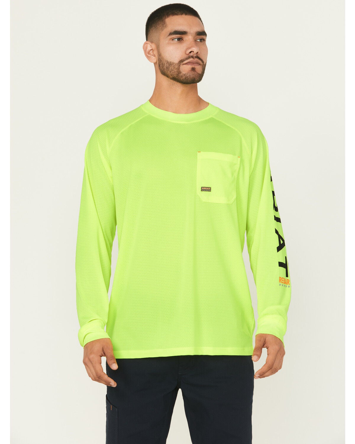 Image #1 - Ariat Men's Lime Rebar Heat Fighter Long Sleeve Work Pocket T-Shirt, Bright Green, hi-res