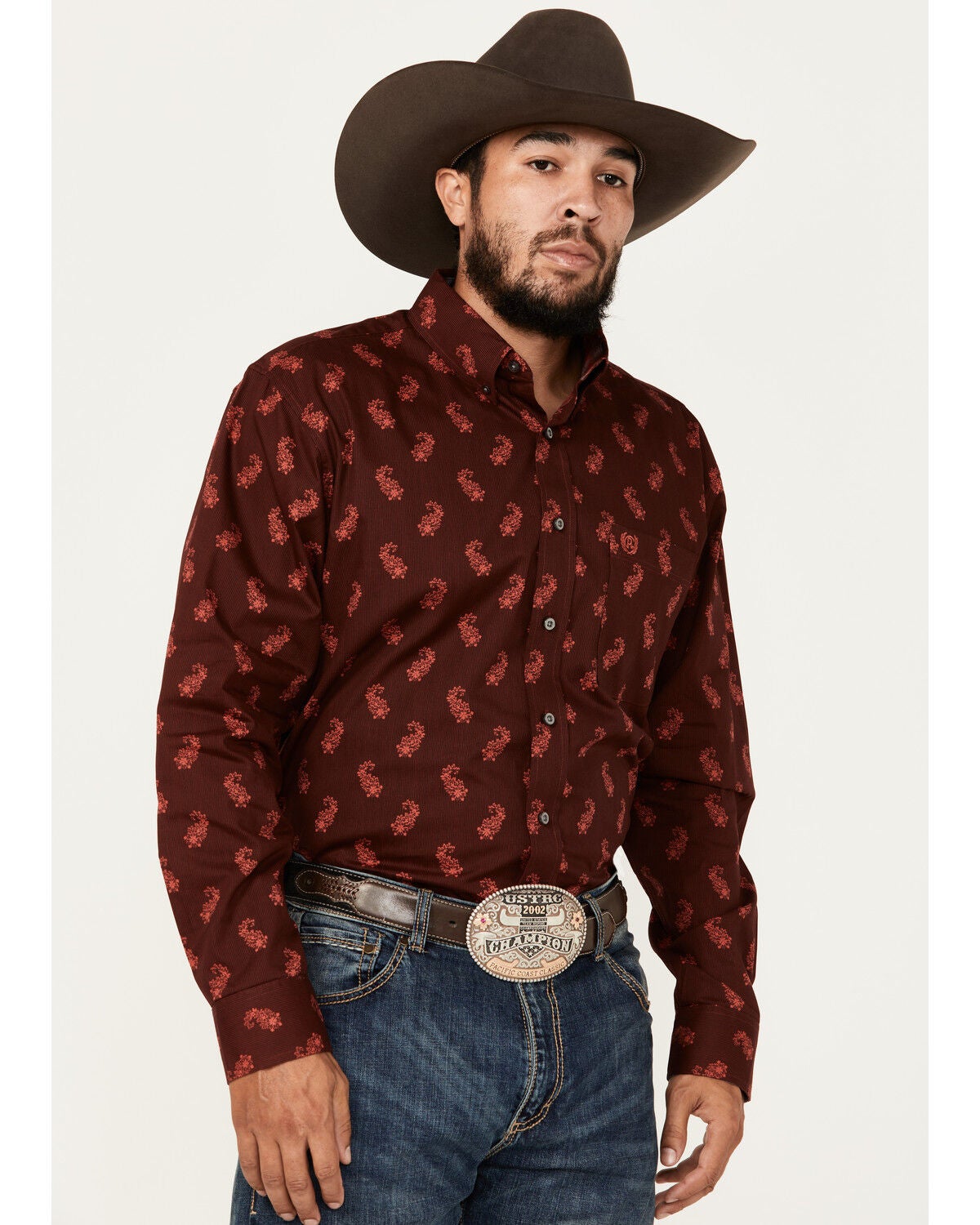Panhandle Men's Select Paisley Pinstripe Long Sleeve Button-Down Western Shirt, Dark Red, hi-res