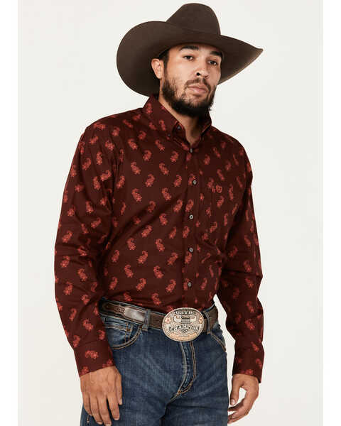 Panhandle Men's Select Paisley Pinstripe Long Sleeve Button-Down Western Shirt, Dark Red, hi-res
