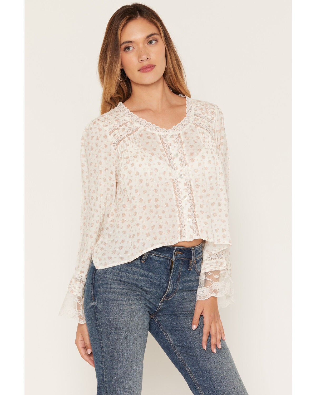 Wild Moss Women's Floral Lace Trim Top, Ivory, hi-res