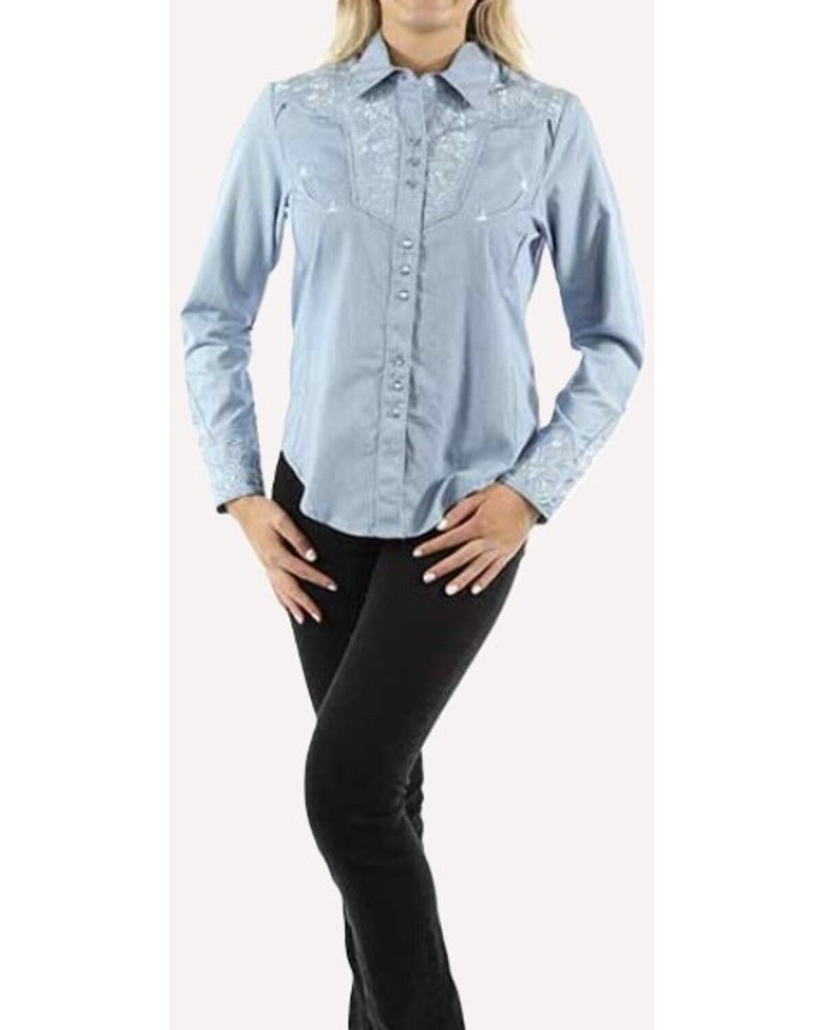 Image #1 - Scully Women's Floral Tonal Embroidered Long Sleeve Snap Western Shirt, Light Blue, hi-res
