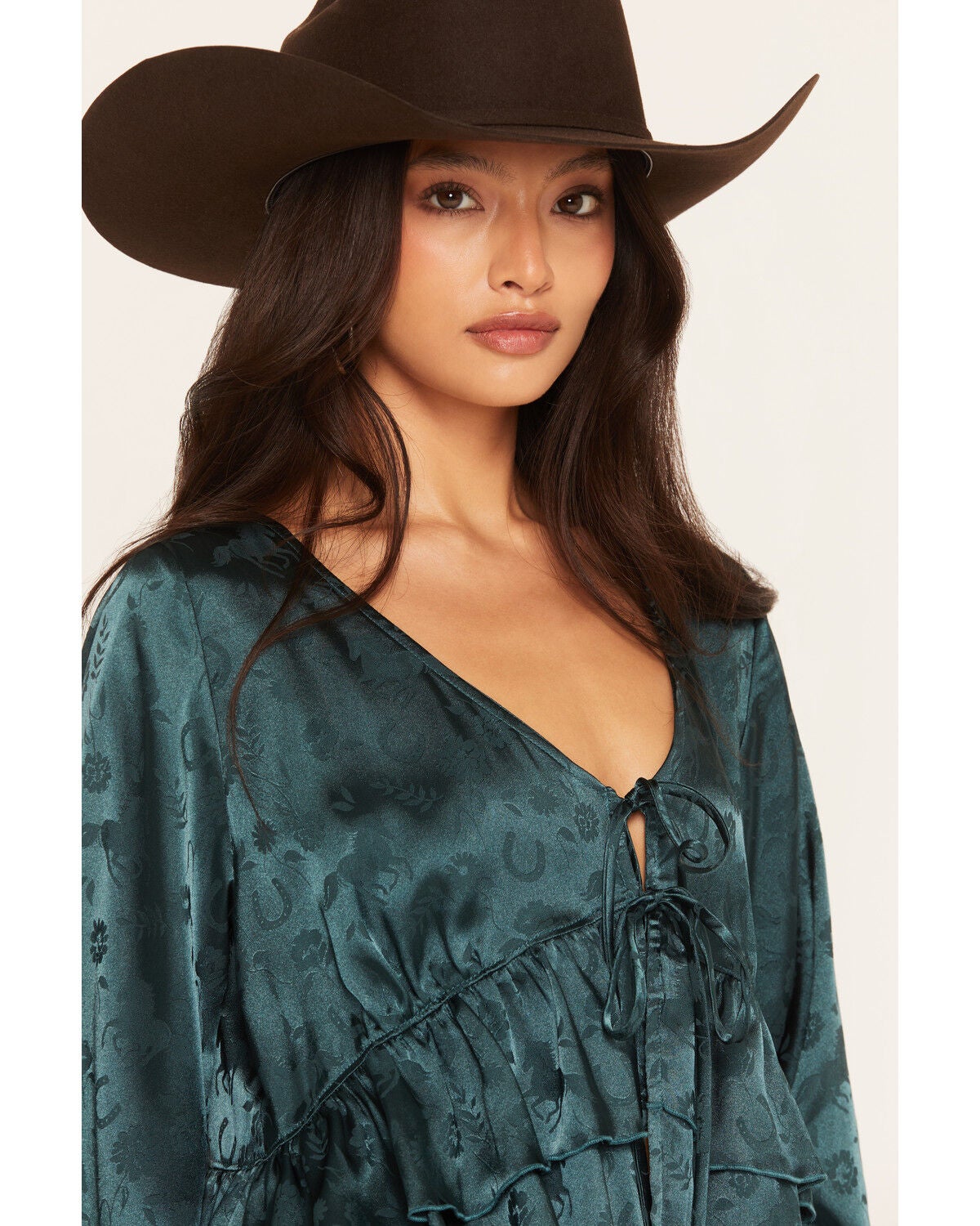Image #2 - Wild Moss Women's Western Jacquard Front Tie Blouse, Blue, hi-res