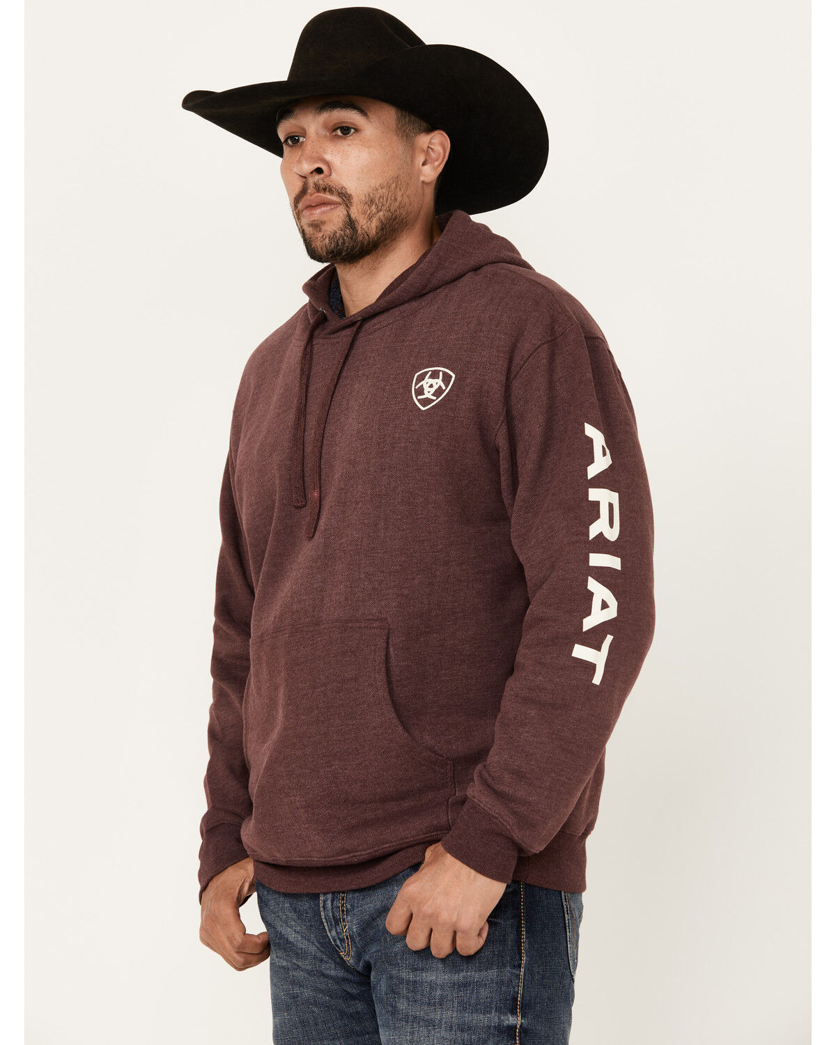 Image #1 - Ariat Men's Logo Sleeve Hooded Sweatshirt, Maroon, hi-res