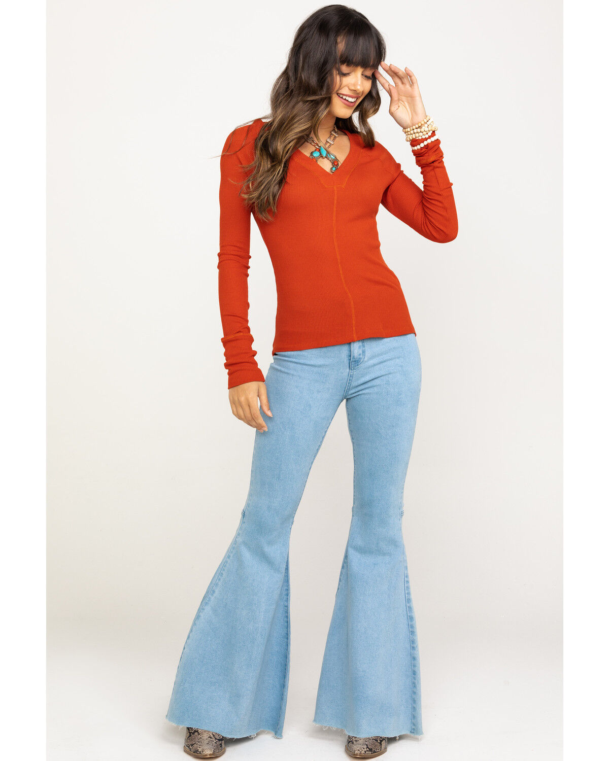 Image #6 - Red Label by Panhandle Women's Waffle Knit Top, Rust Copper, hi-res
