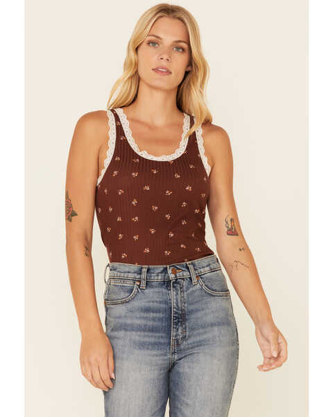 Wild Moss Women's Floral Print Ribbed Pointelle Tank Top, Brown, hi-res