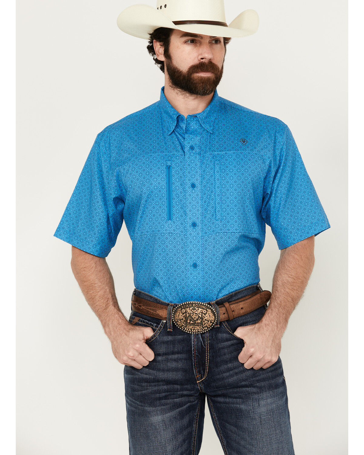 Image #1 - Ariat Men's VentTek Diamond Geo Print Short Sleeve Button-Down Performance Western Shirt - Tall, Blue, hi-res