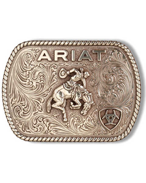 Ariat Men's Saddle Bronco Rectangular Belt Buckle, Silver, hi-res