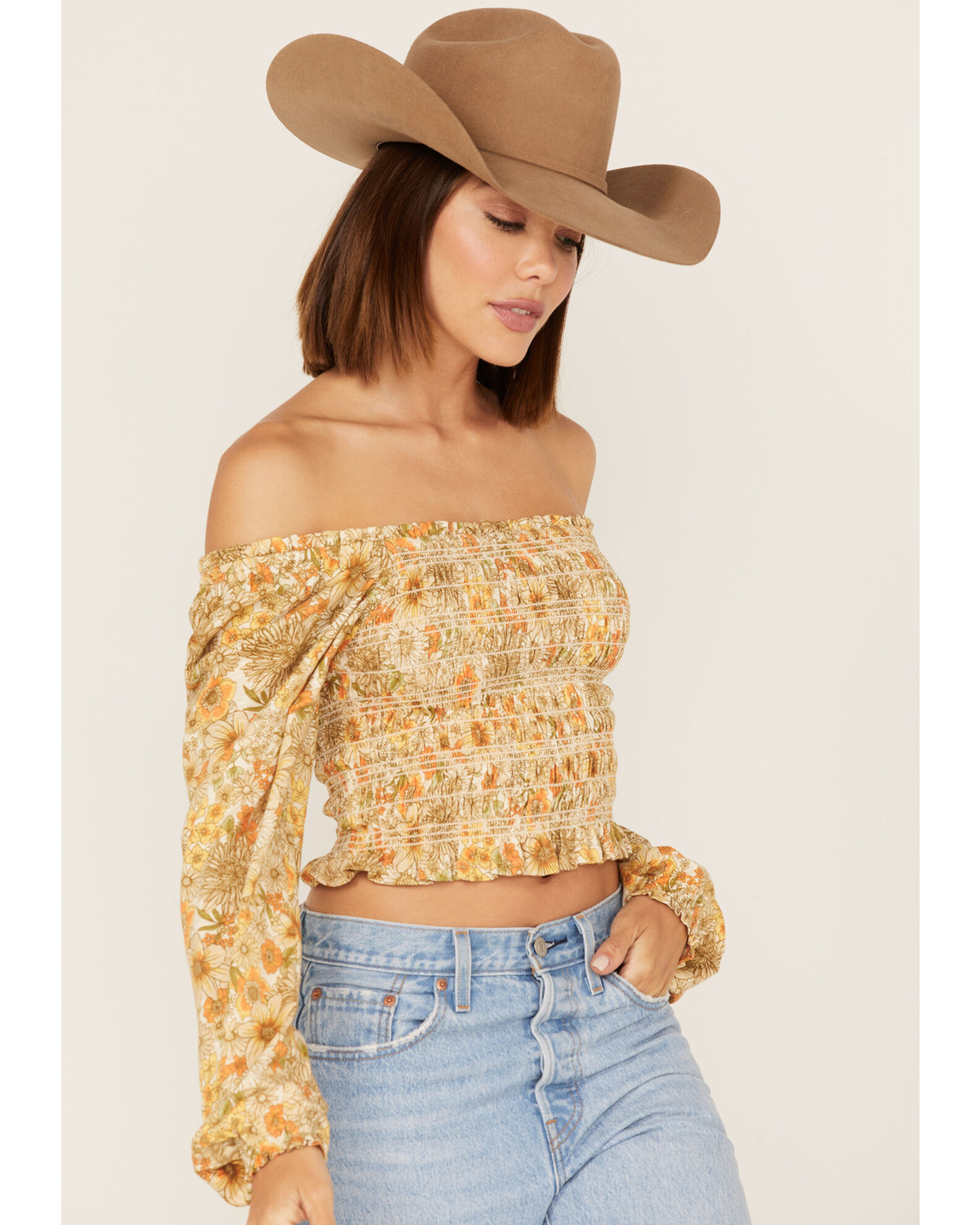 Image #2 - Jolt Women's Floral Print Smocked Long Sleeve Crop Top, Ivory, hi-res
