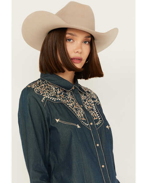 Scully Women's Vine Embroidered Long Sleeve Western Shirt, Blue, hi-res