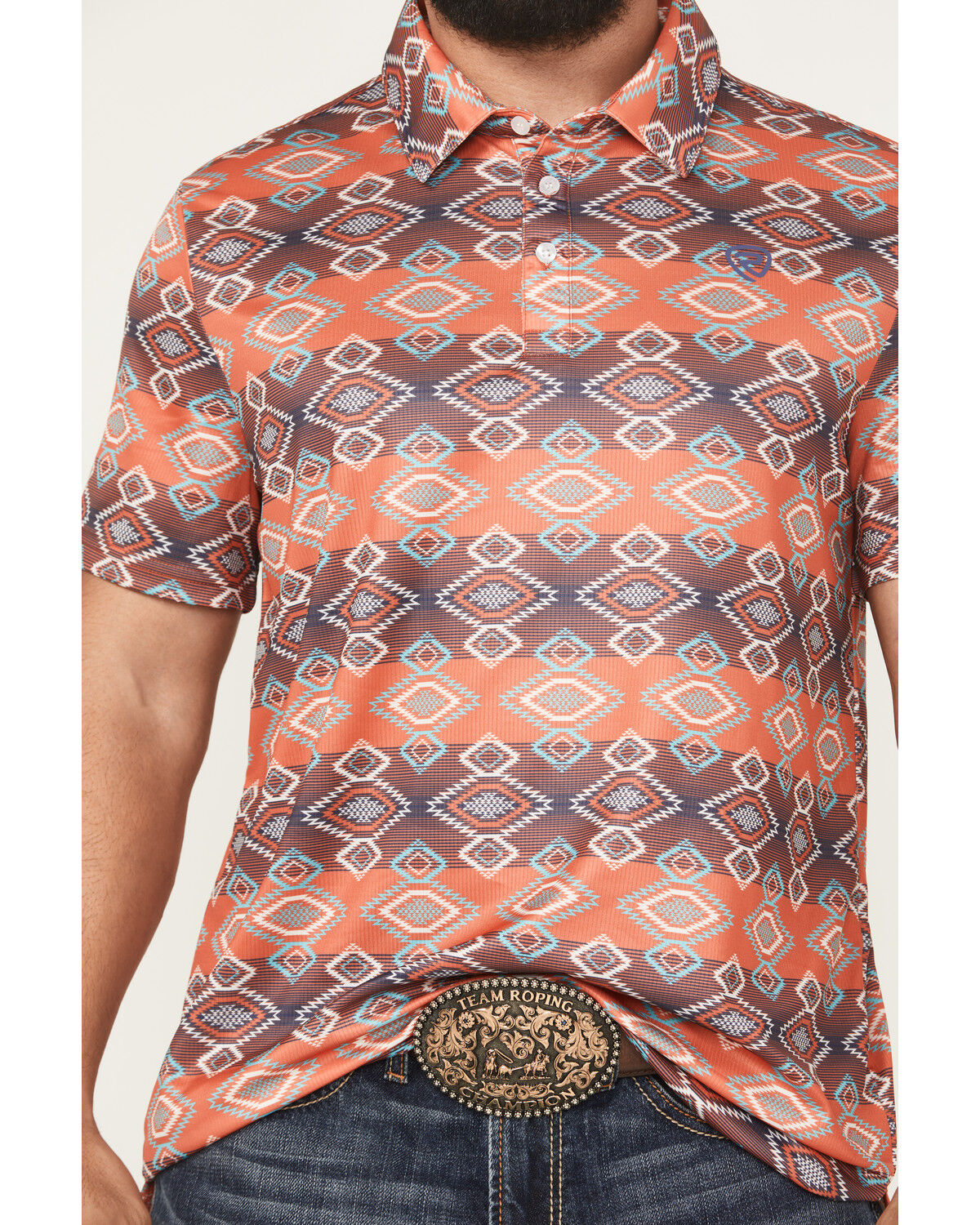 Image #3 - Rock & Roll Denim Men's Southwestern Print Short Sleeve Button-Down Polo Shirt, Red, hi-res