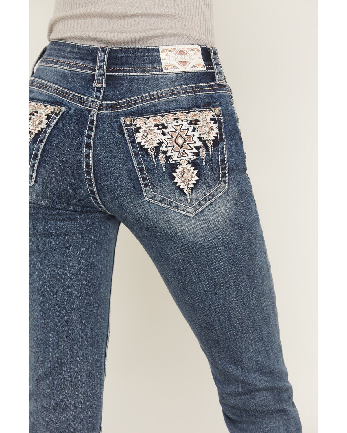 Image #2 - Grace in LA Women's Medium Wash Mid Rise Embellished 30" Bootcut Stretch Denim Jeans, Medium Wash, hi-res