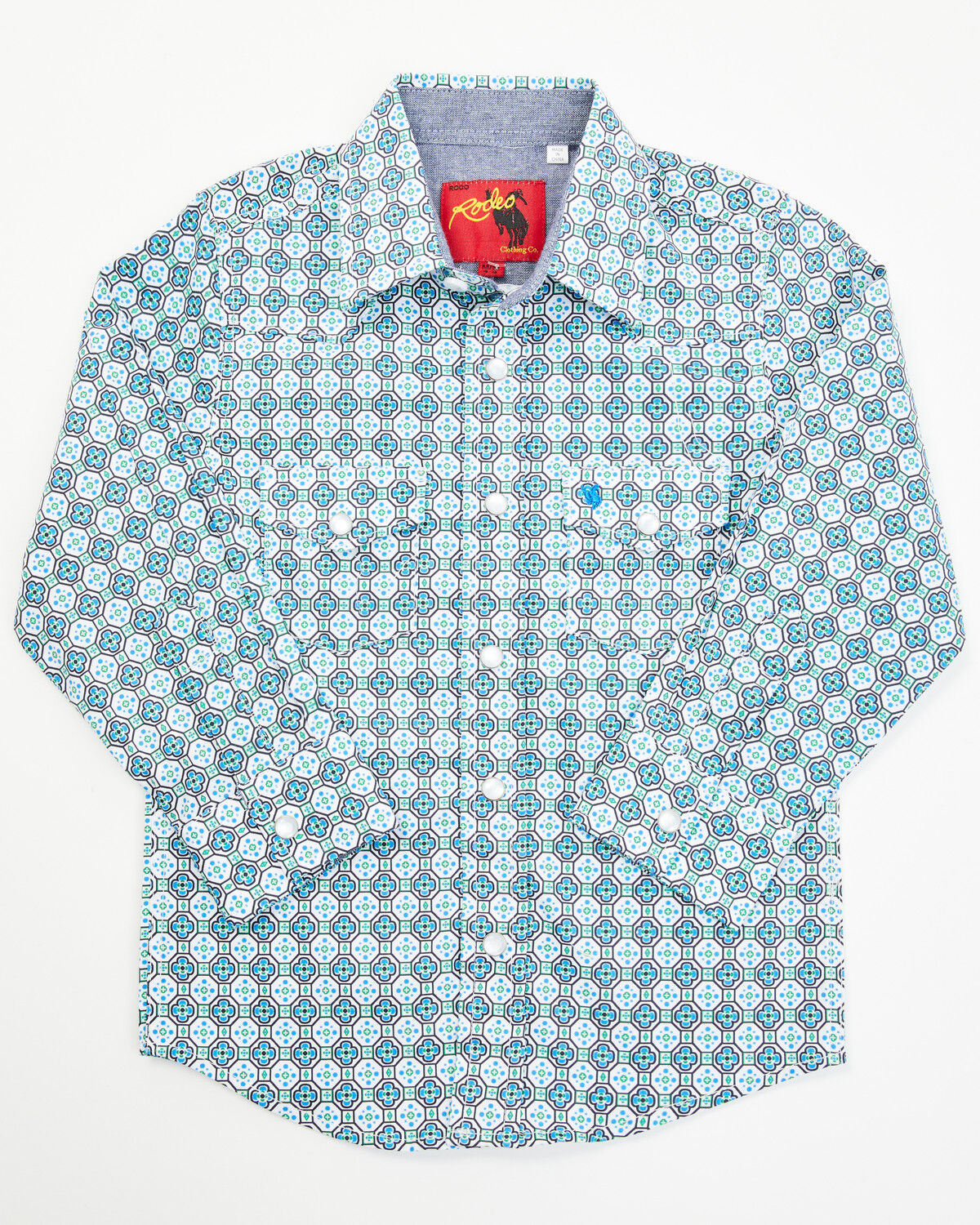 Image #1 - Rodeo Clothing Boys' Geo Print Long Sleeve Pearl Snap Western Shirt, White, hi-res