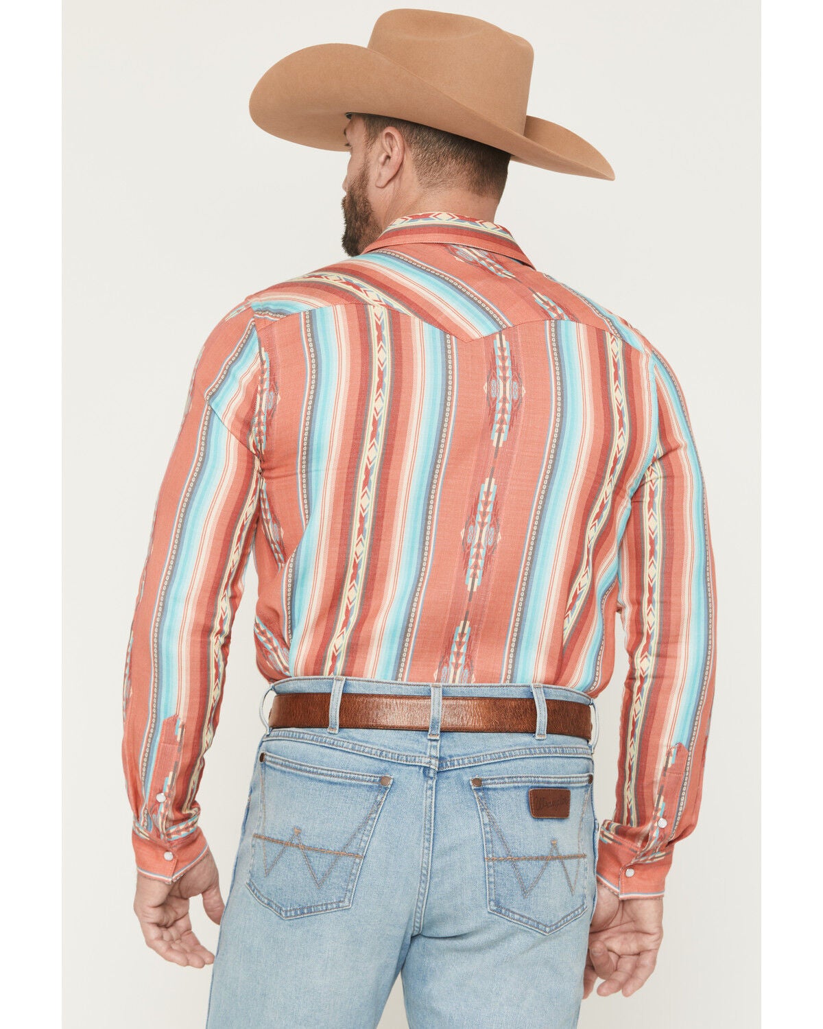 Image #4 - Panhandle Slim Men's Southwestern Striped Long Sleeve Pearl Snap Western Shirt, Red, hi-res