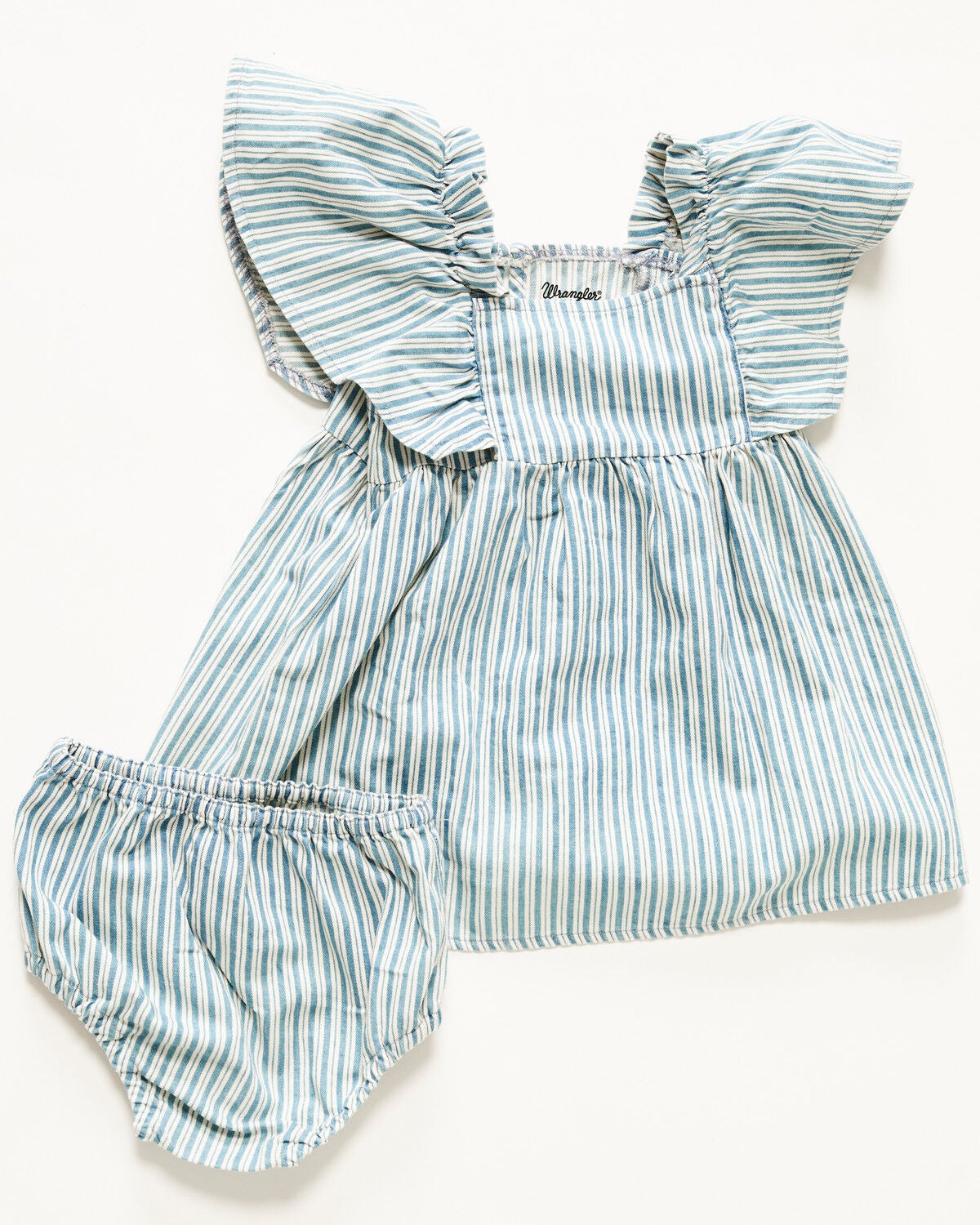Image #1 - Wrangler Infant Girls' Striped Short Sleeve Denim Dress - 2 Piece, Blue, hi-res