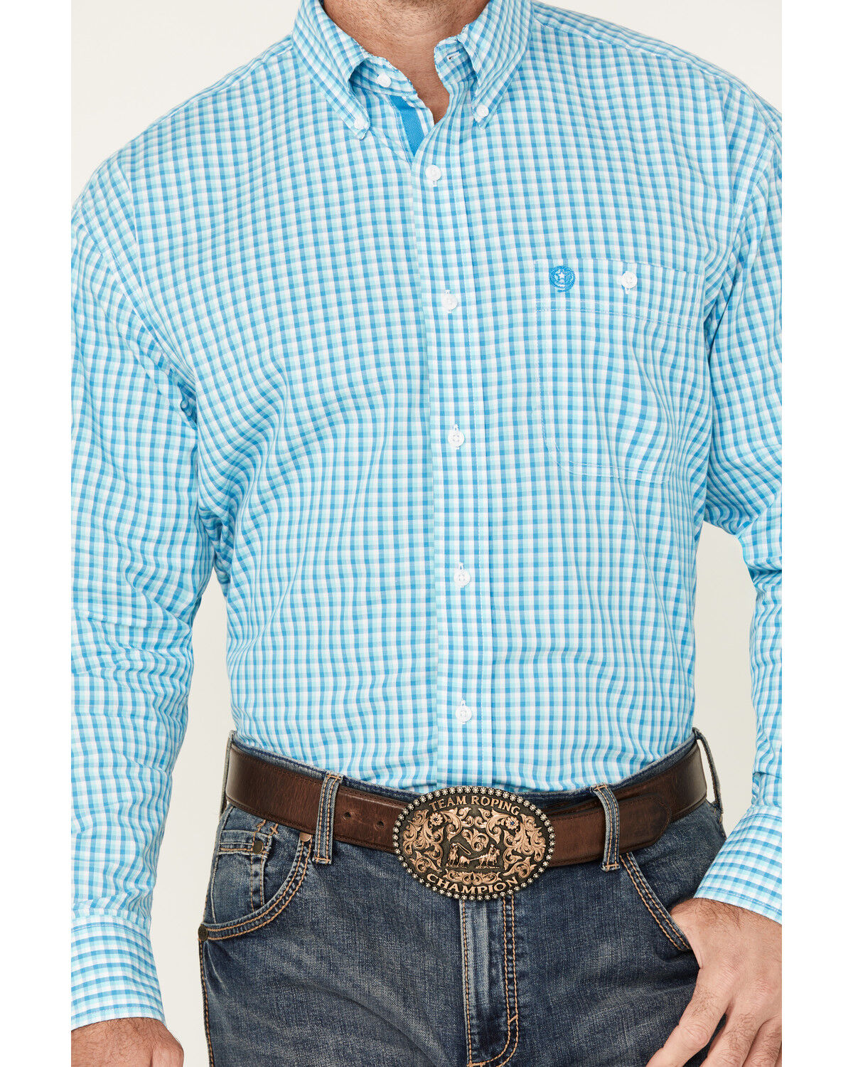 Image #3 - George Strait by Wrangler Men's Plaid Print Long Sleeve Button-Down Stretch Western Shirt, Turquoise, hi-res