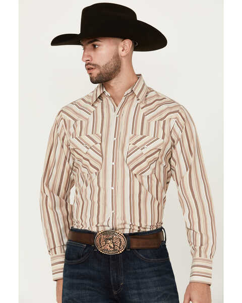 Image #1 - Ely Walker Men's Striped Print Long Sleeve Snap Western Shirt , Tan, hi-res
