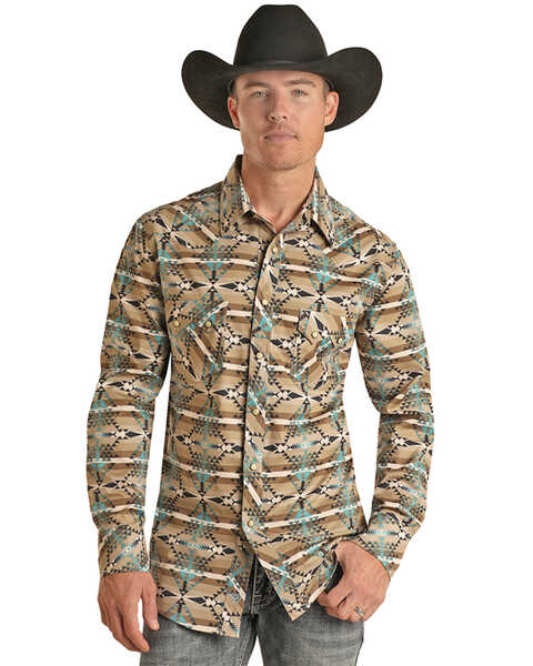 Rock & Roll Denim Men's Southwestern Striped Long Sleeve Snap Stretch Western Shirt , Tan, hi-res