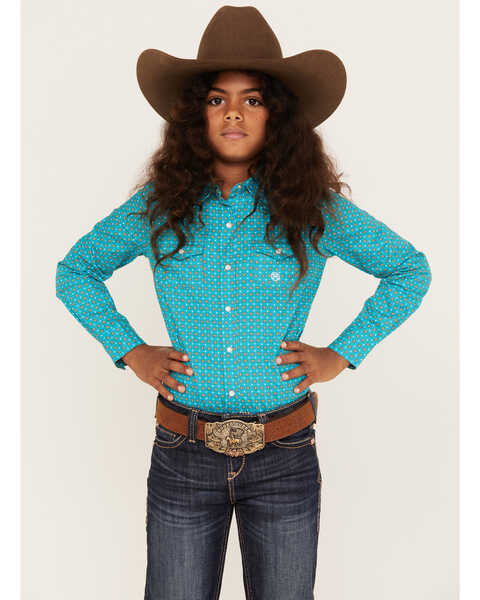 Roper Girls' Geo Print Long Sleeve Snap Western Shirt, Blue, hi-res