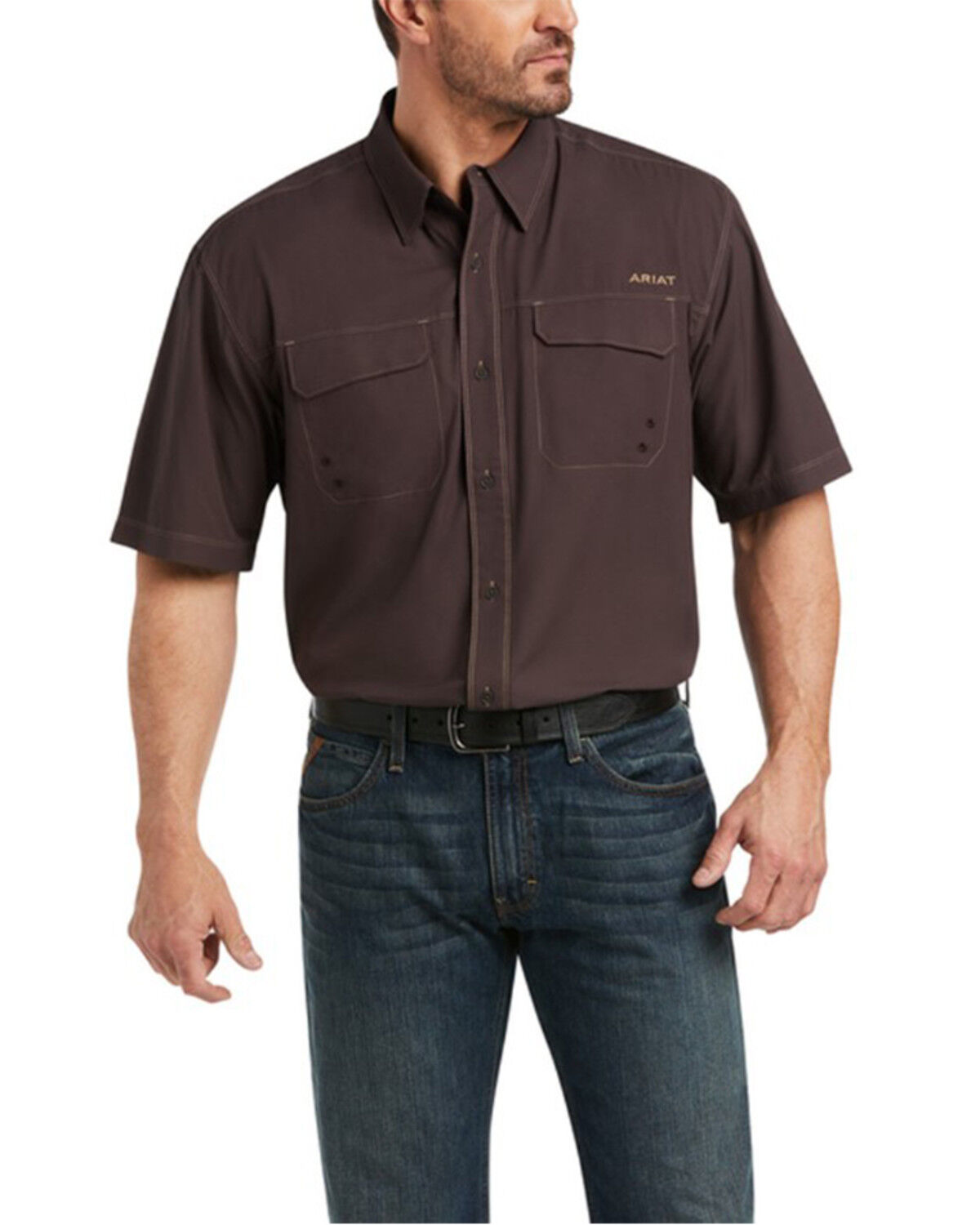 Image #1 - Ariat Men's VentTEK Outbound Short Sleeve Button-Down Shirt, Chocolate, hi-res