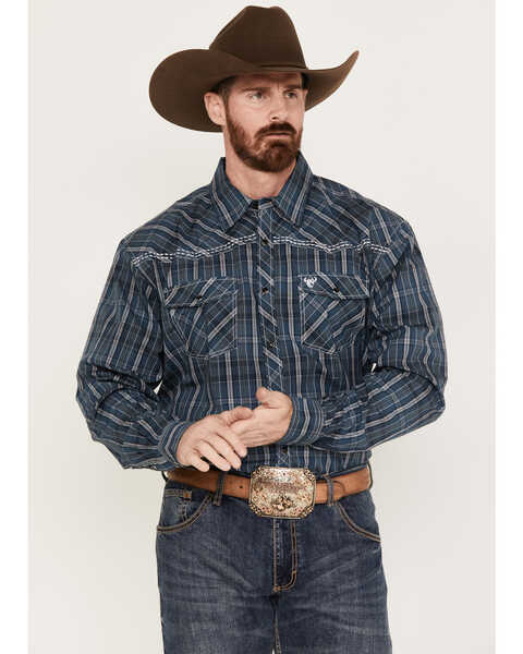 Cowboy Hardware Men's Arroyo Plaid Print Long Sleeve Western Snap Shirt, Blue, hi-res