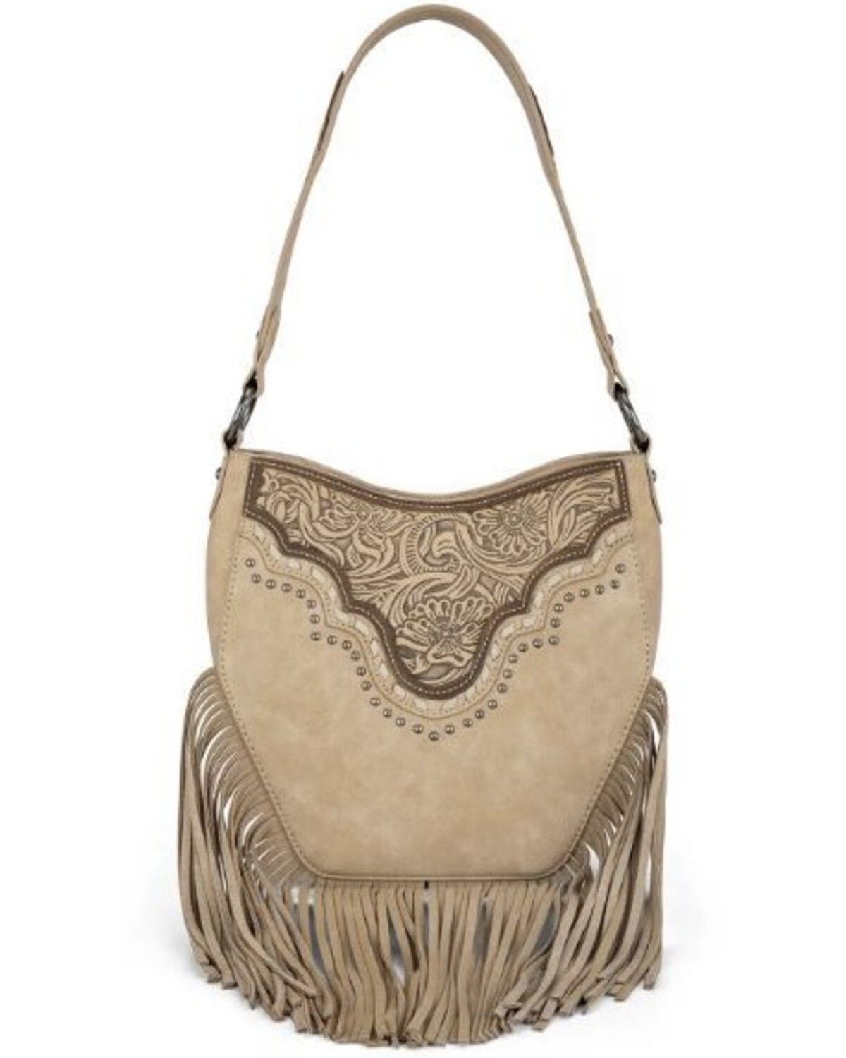 Image #1 - Montana West Women's Tooled Fringe Hobo Shoulder Bag, Tan, hi-res