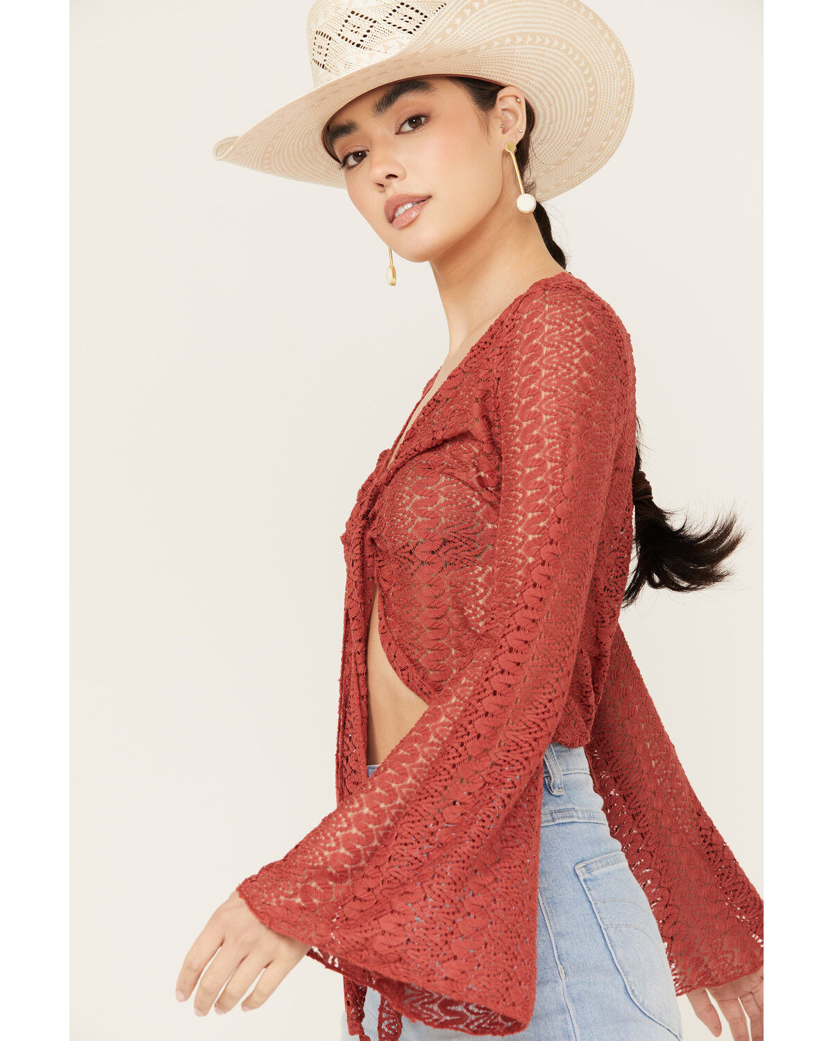 Image #3 - Wild Moss Women's Tie Front Textured Top, Red, hi-res