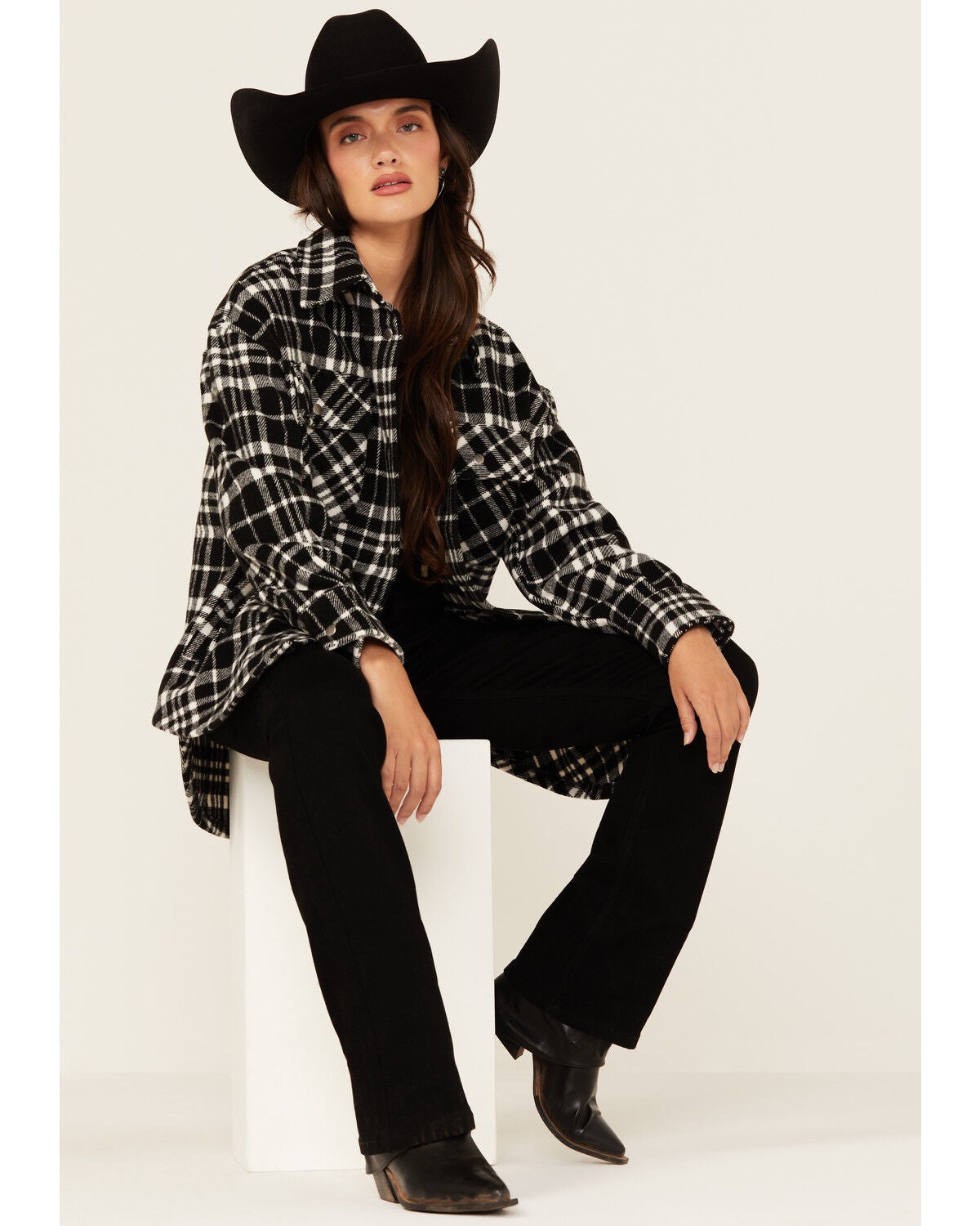 Fornia Women's Plaid Print Shacket, Black, hi-res