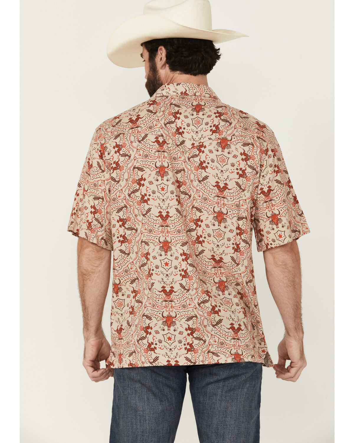Image #4 - Wrangler Men's Coastal Cowboy Print Short Sleeve Snap Western Shirt, Orange, hi-res