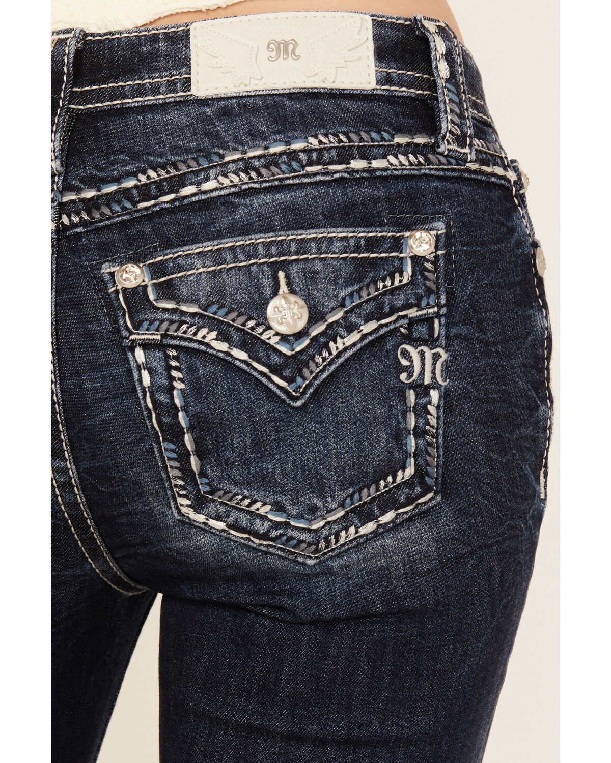 Image #2 - Miss Me Women's Dark Wash Mid Rise Whip Stitch Pocket Bootcut Stretch Denim Jeans, Dark Wash, hi-res
