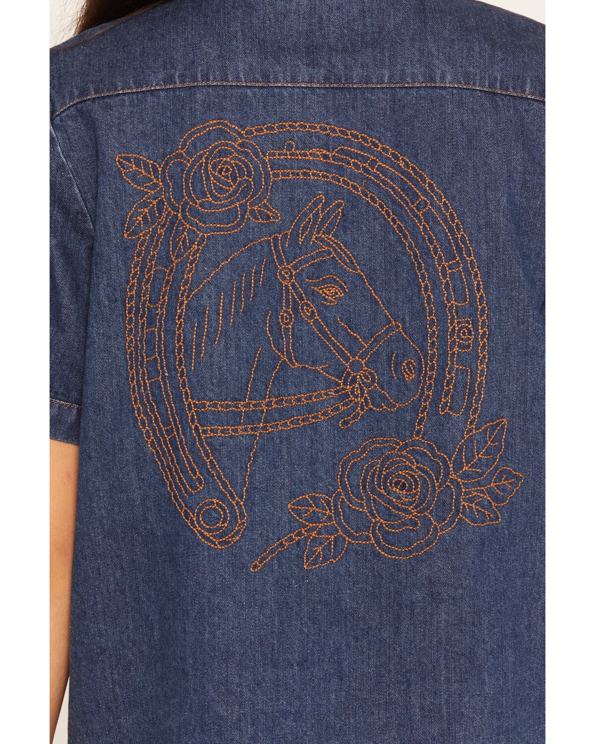 Image #4 - Rodeo Quincy X Boot Barn Women's Arrow Ranch Short Sleeve Denim Embroidered Snap Western Shirt, Dark Wash, hi-res