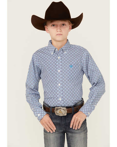 Image #1 - Ariat Boys' Parker Geo Print Long Sleeve Button-Down Western Shirt , Blue, hi-res