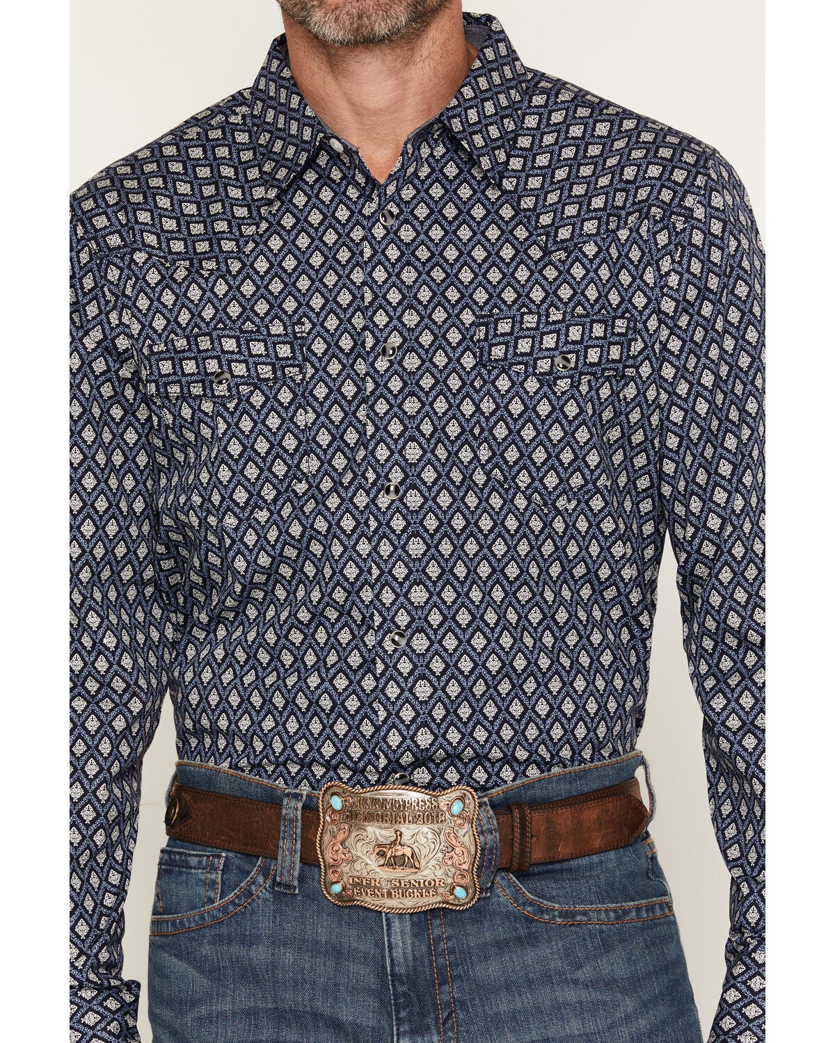 Image #3 - Cody James Men's Diamond Soul Medallion Print Long Sleeve Snap Western Shirt, Navy, hi-res