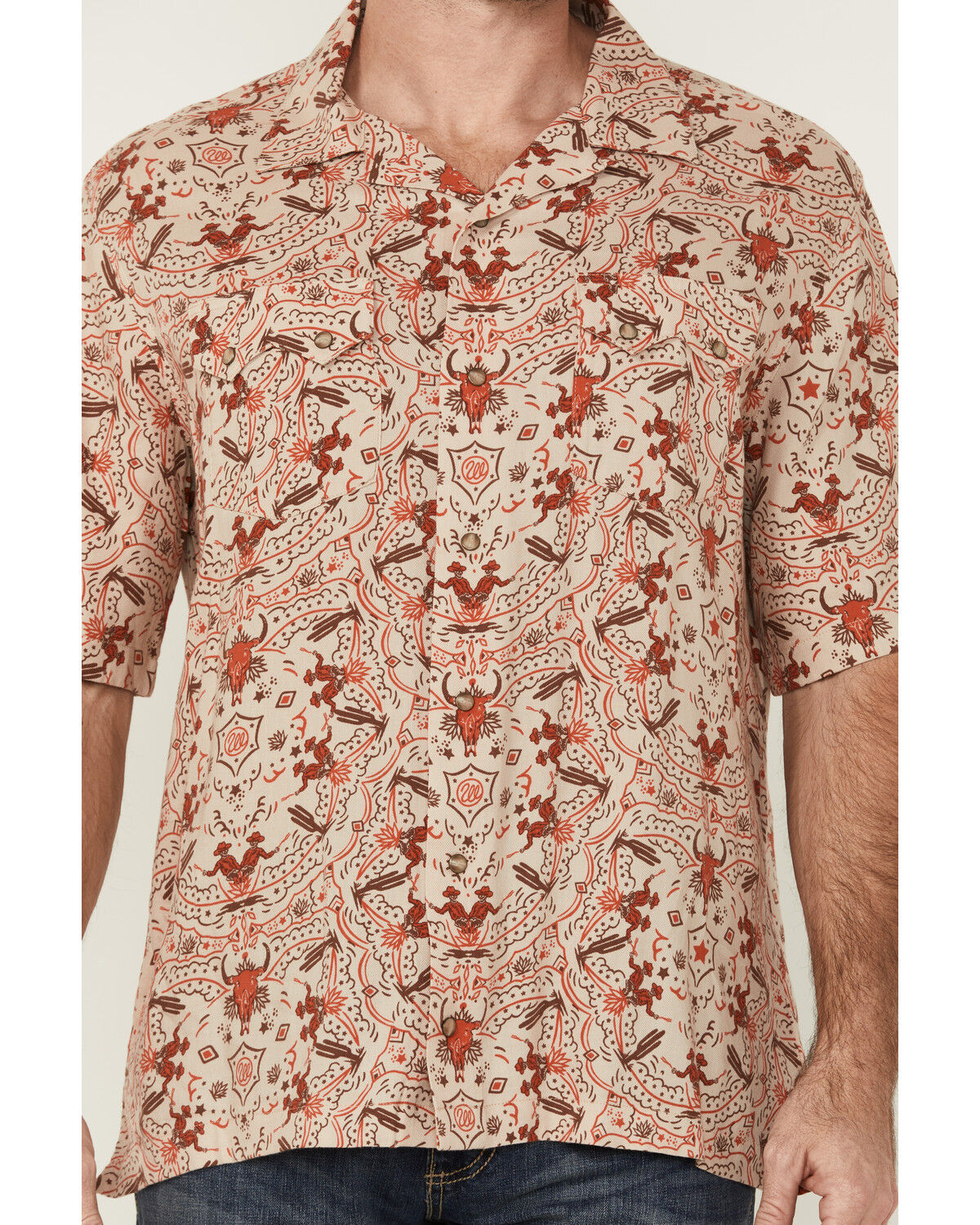 Image #3 - Wrangler Men's Coastal Cowboy Print Short Sleeve Snap Western Shirt, Orange, hi-res