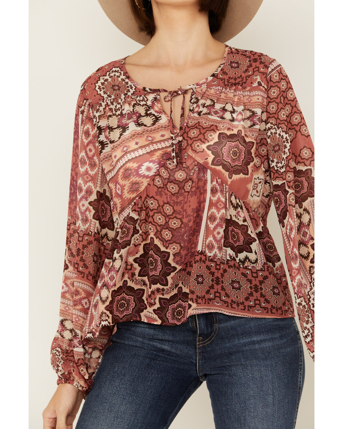 Image #3 - Shyanne Women's Printed Chiffon Long Sleeve Peasant Top, Rust Copper, hi-res
