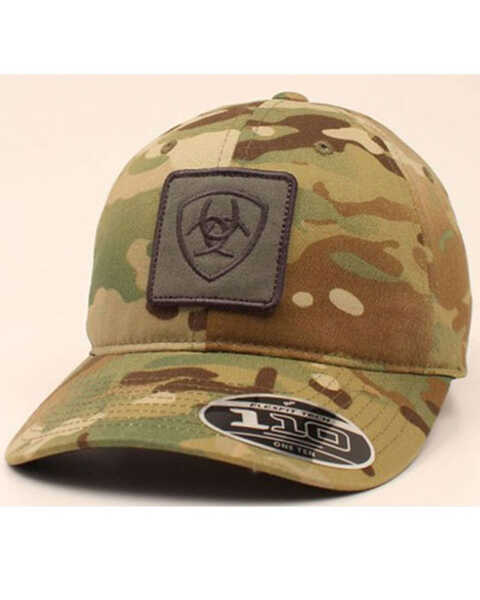 Image #1 - Ariat Men's Camo Print Burnt Logo Patch Flex Fit Ball Cap , Camouflage, hi-res