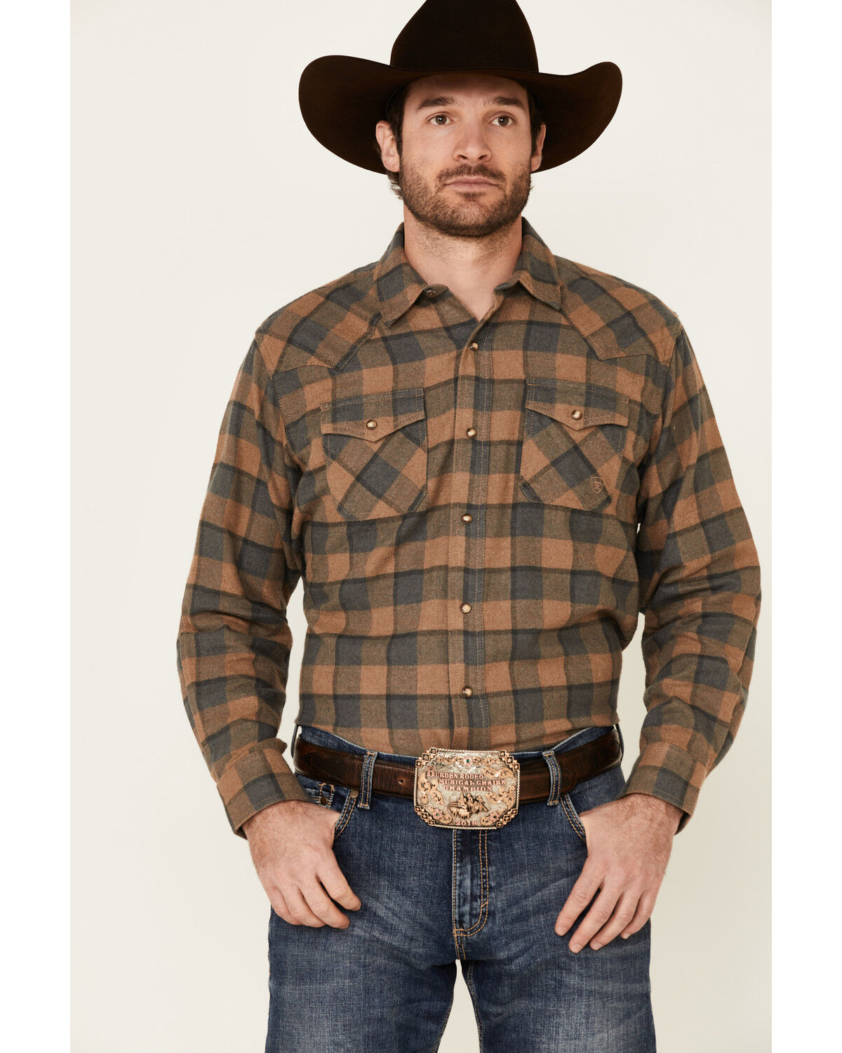 Image #1 - Ariat Men's Hartford Retro Plaid Long Sleeve Snap Western Flannel Shirt, Grey, hi-res