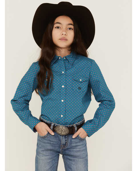 Roper Girls' Amarillo Geo Print Long Sleeve Western Pearl Snap Shirt, Sage, hi-res