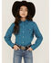 Image #1 - Roper Girls' Amarillo Geo Print Long Sleeve Western Pearl Snap Shirt, Sage, hi-res